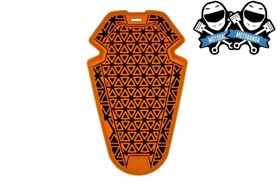 Orange D3O knee/elbow protector with a textured geometric pattern, designed for CE Level 1 protection, featuring a durable, flexible material for enhanced comfort and safety.