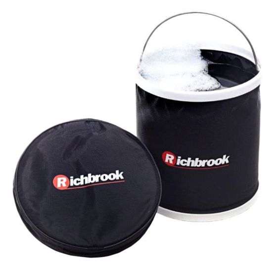 Collapsible black bucket with a white rim and Richbrook logo, accompanied by a flat, round storage lid, designed for easy transport and storage.