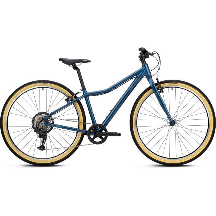 Ridgeback Dimension 27.5" kids bike in Bengal Blue, featuring a lightweight frame, yellow-accented tires, and a sleek design suitable for young riders.