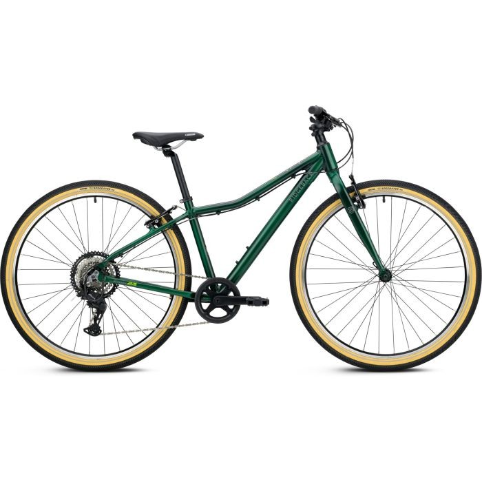 Ridgeback Dimension 27.5" kids bike in Greenwich Green, featuring a lightweight frame, yellow-accented tires, and a sleek design ideal for young riders.