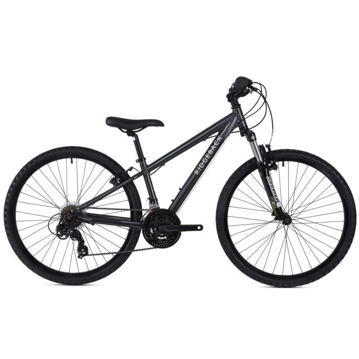 Ridgeback MX26 kids bike in anthracite color, featuring a lightweight frame, 26-inch wheels, front suspension, and black tires, designed for durability and comfort.