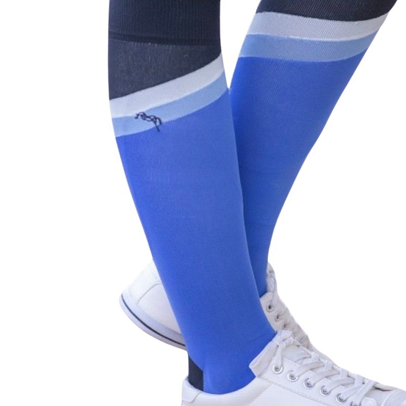 Blue and black riding socks with a stylish design, featuring a light blue band at the top and a logo detail, made from a comfortable, stretchy material.