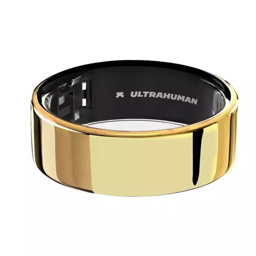 Gold-colored ring with a sleek, polished finish, featuring a black interior and the brand name "ULTRAHUMAN" engraved inside, designed in size 8.