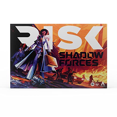 Colorful game box featuring "RISK" in bold white letters, with artwork depicting characters in futuristic attire against a vibrant orange and black background, designed for 3-5 players ages 13+.