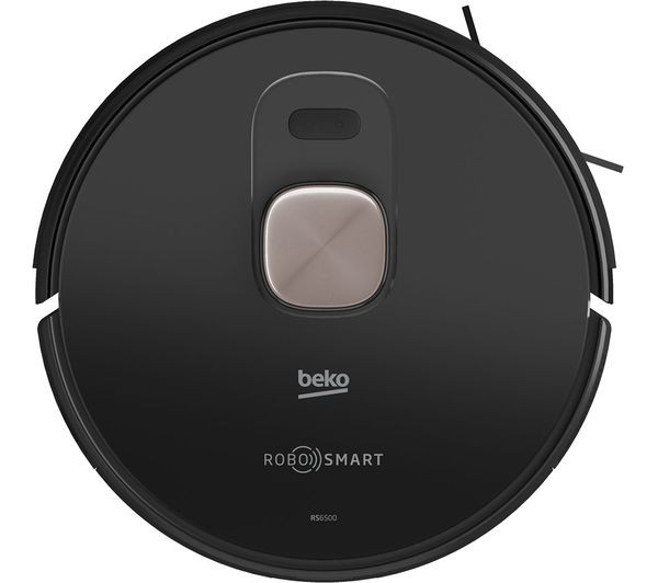 Round, black Beko RoboSmart robot vacuum cleaner featuring a silver button, a sleek design, and a logo, designed for efficient cleaning with a 130-minute run time.