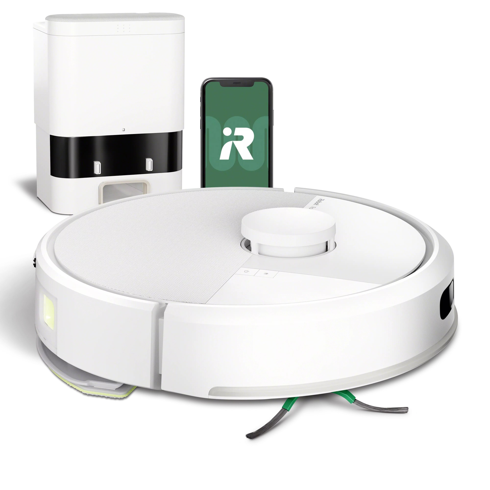 A white round robotic vacuum with a central control button, accompanied by a black and white charging station and a smartphone displaying the IRobot app logo.