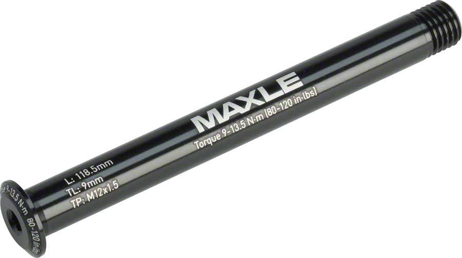 Black aluminum RockShox Maxle Stealth front thru axle, measuring 12x100mm with a length of 118.5mm, featuring torque specifications and threading details.