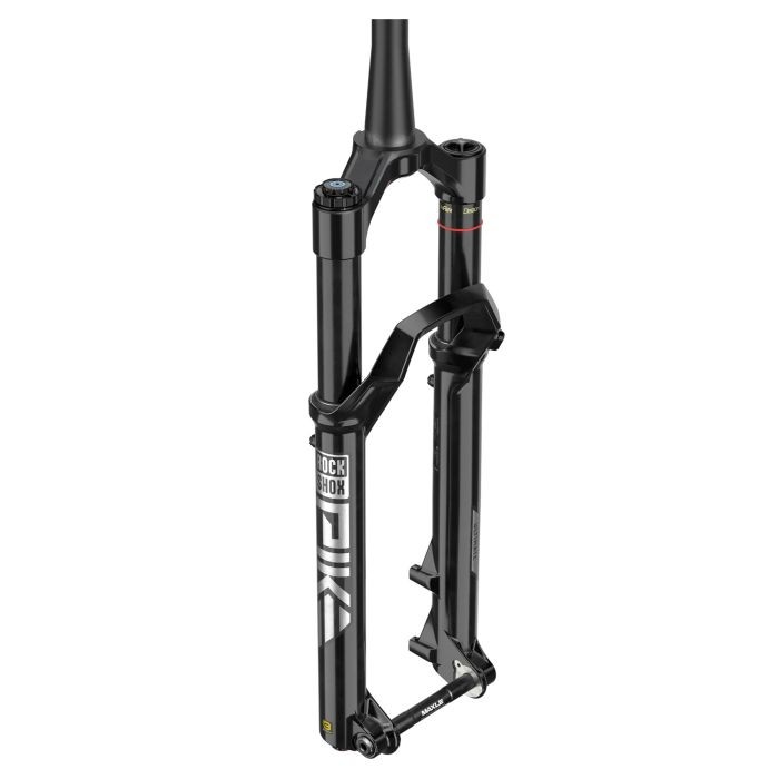 Gloss black RockShox Pike Ultimate Charger 3.1 fork featuring a sleek design, adjustable air spring, and sturdy aluminum construction, ideal for mountain biking performance.
