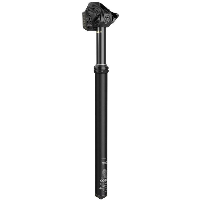 Black RockShox Reverb AXS XPLR seatpost, 75mm travel, 400mm length, featuring a sleek design with a remote actuator and adjustable height for optimal performance.