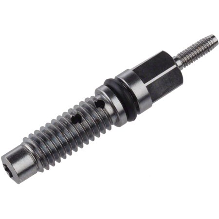 Metal hose barb with a threaded end, featuring a black rubber O-ring and two side holes for fluid passage, designed for use with RockShox Reverb hydraulic systems.
