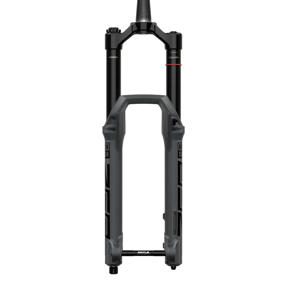 RockShox ZEB Ultimate Charger 3.1 RC2 fork in grey, featuring 170mm travel, sturdy dual crown design, and adjustable settings for enhanced performance on rugged terrain.