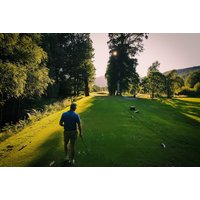 Golfer on lush green fairway at Callander Golf Club, surrounded by trees, with sunlight filtering through.