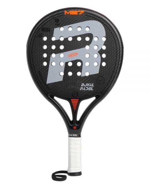 Black and grey padel racket featuring a large "R" logo, perforated surface, and a white grip with a wrist strap, designed for enhanced performance.
