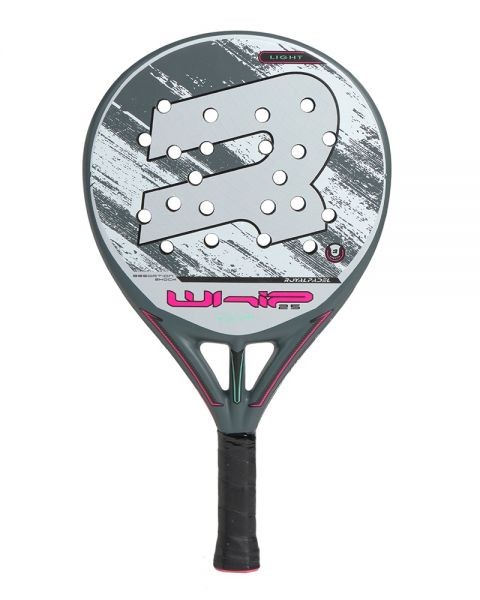 Gray and white padel racket with a textured surface, featuring a large "R" logo, pink accents, and a black grip, designed for lightweight performance.