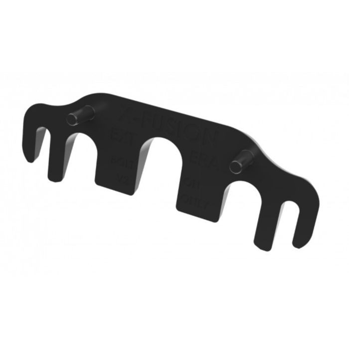 Black adapter bracket made of durable material, featuring multiple cutouts and mounting points for RRP EXT and X-Fusion ProGuard compatibility.