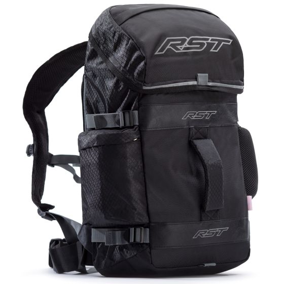 Black RST Raid backpack featuring durable nylon material, adjustable straps, multiple compartments, and a sleek design with the RST logo prominently displayed.