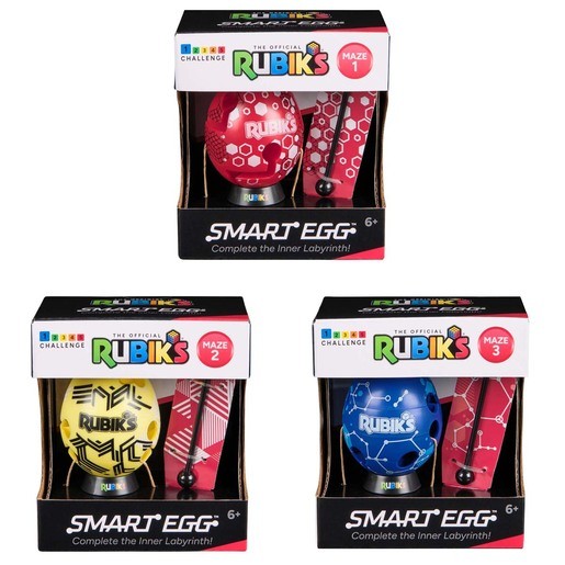 Three colorful Rubik's Smart Egg games in boxes, featuring red, yellow, and blue designs with maze patterns, each labeled with a different maze number and suitable for ages 6+.