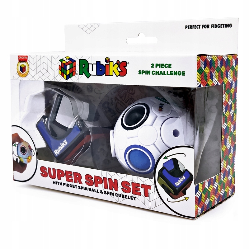 Rubik's Super Spin Fidget Game 2 Pack features a colorful fidget spin ball and a spin cubelet, displayed in a clear box with vibrant branding and a fun design.