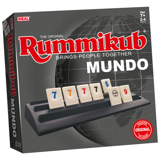Rummikub Mundo game box featuring a black and red design, with a globe background, and a rack displaying numbered tiles in various colors, suitable for 2-4 players aged 7 and up.