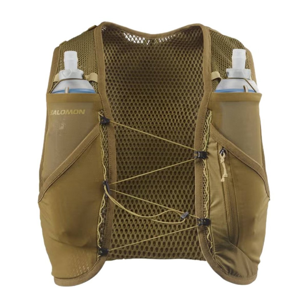 Brown Salomon Active Skin 4 vest in size XL, featuring a breathable mesh back, two front pockets for water bottles, and a secure zip pocket for essentials.