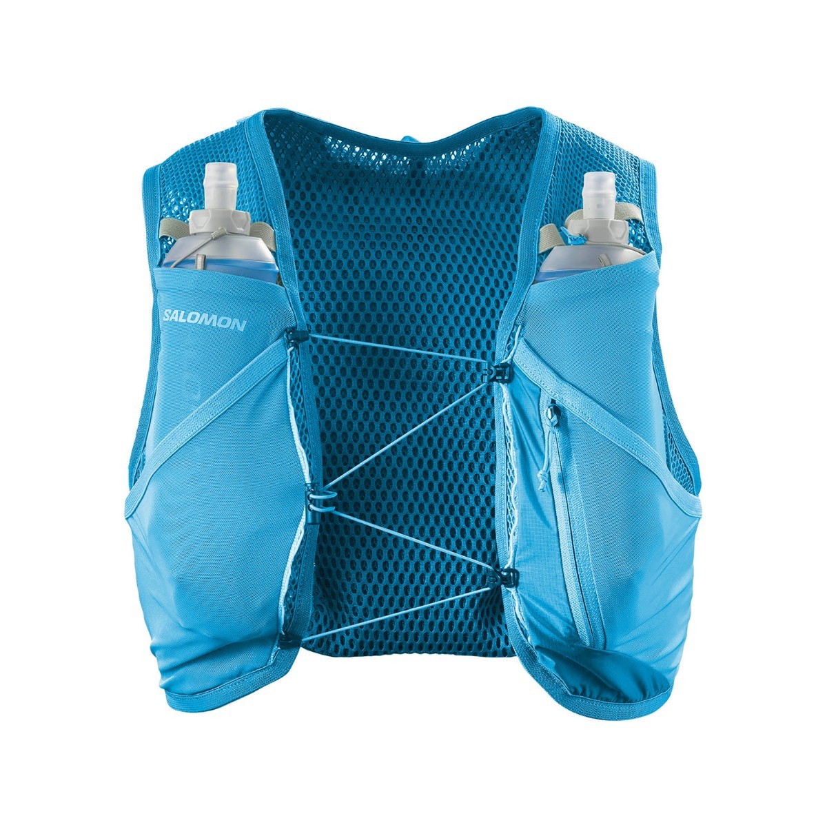 Sky blue Salomon Active Skin 4 Set hydration vest with a mesh design, featuring two front pockets for water bottles and a zippered side pocket for storage.
