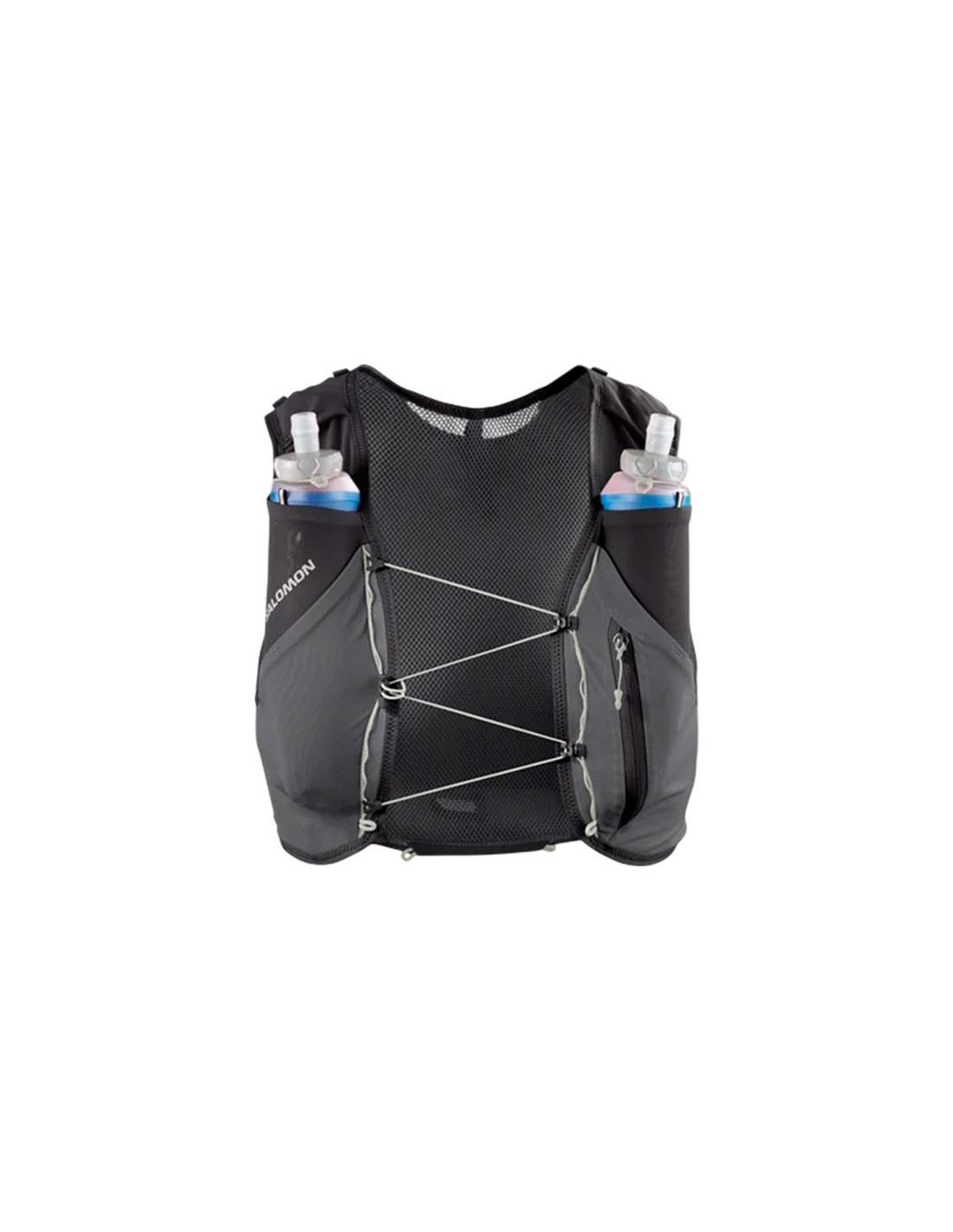 Black Salomon ADV Skin Gradient Running Vest featuring a mesh back, adjustable straps, and two front flasks, designed for comfort and hydration during runs.