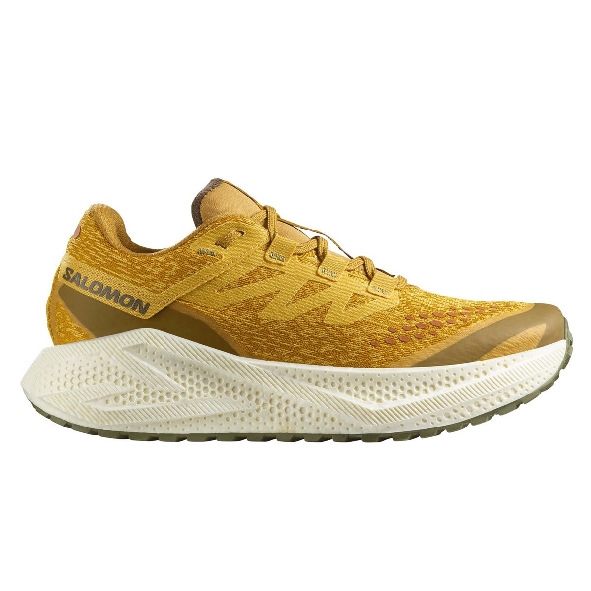 Salomon Aero Glide 3 Grvl men's running shoe in spicy mustard, vanilla ice, and deep lichen green, featuring a breathable mesh upper and textured sole, size 6.5.