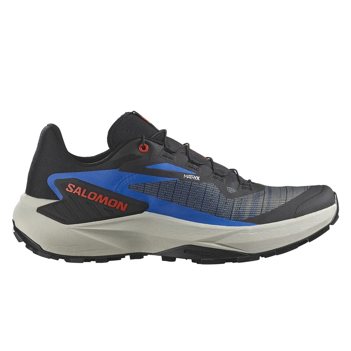 Salomon Genesis shoes in black, blue, and red, featuring a breathable mesh upper, cushioned sole, and rugged tread for enhanced grip, size 40.