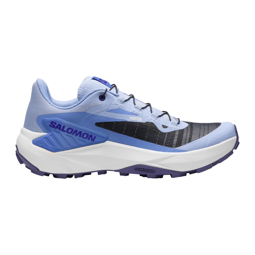 Light blue Salomon Genesis shoes for women, featuring a breathable mesh upper, black accents, and a cushioned white midsole, designed for comfort and performance.