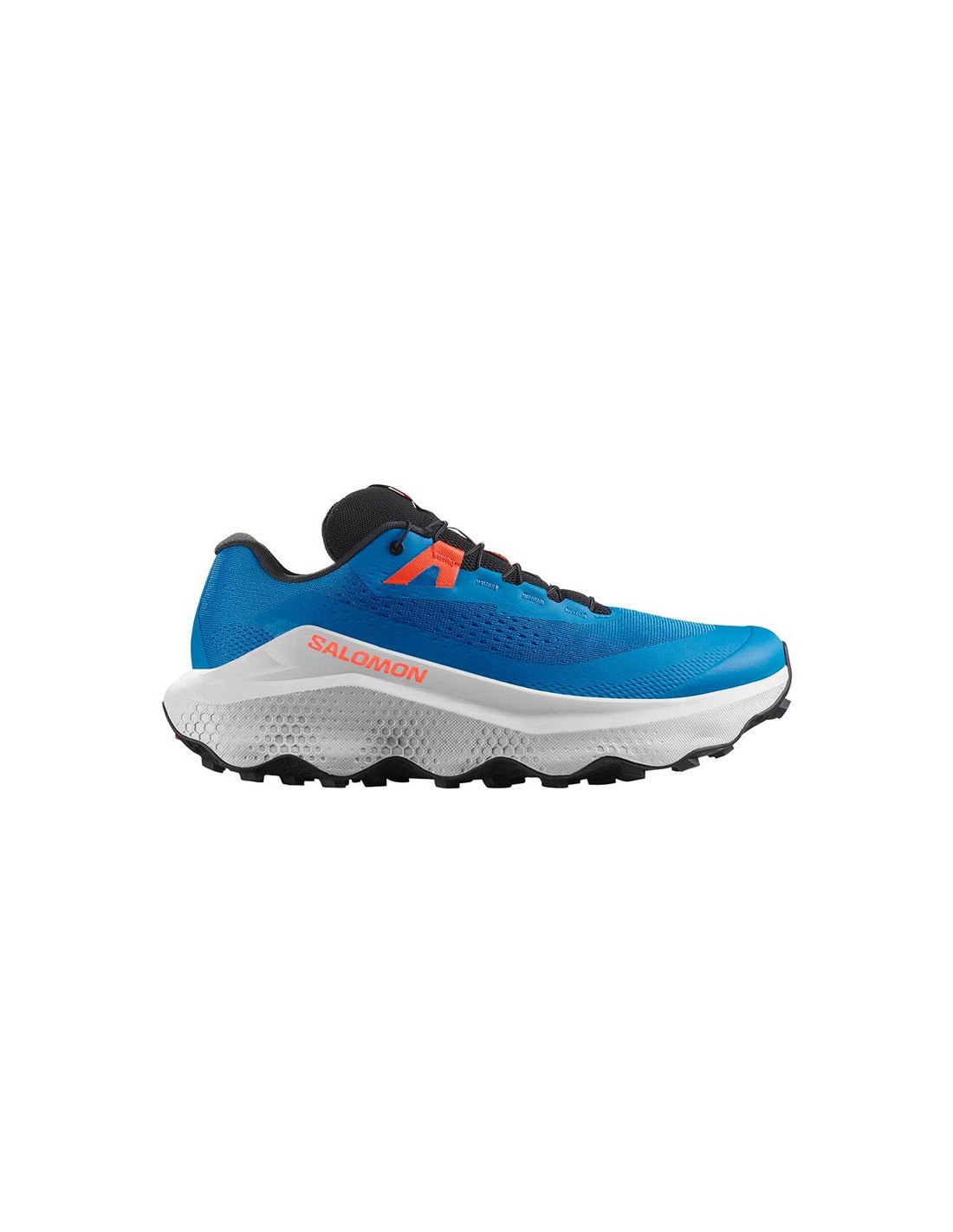 Salomon Ultra Glide 3 shoes in blue and orange, featuring a breathable mesh upper, cushioned white midsole, and a rugged black outsole for enhanced traction.