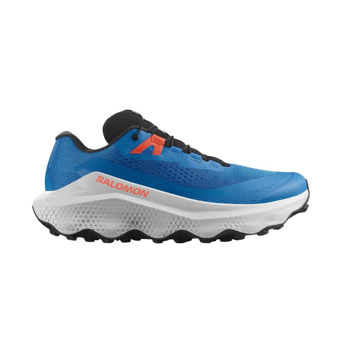 Salomon Glide 3 men's running shoes in French Blue, Lunar Rock, and Cherry Tomato, featuring a breathable mesh upper, cushioned sole, and rugged outsole, size 11.5.