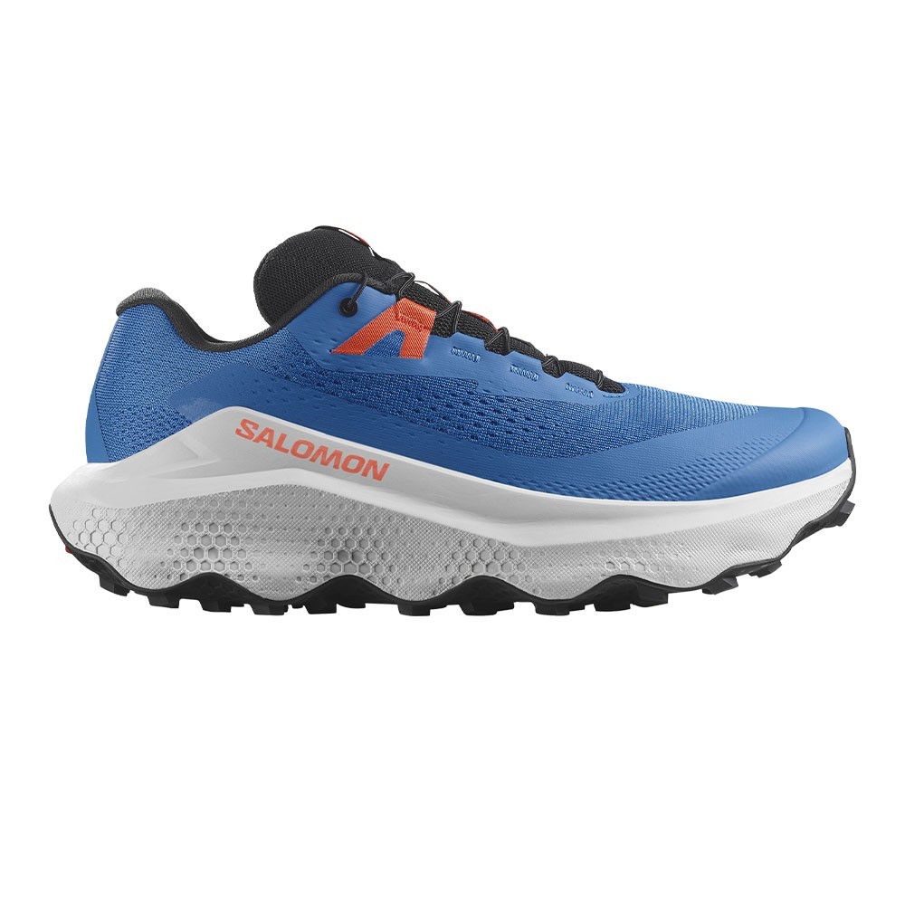 Salomon Glide 3 men's running shoes in French Blue, Lunar Rock, and Cherry Tomato, featuring a breathable mesh upper, cushioned sole, and rugged outsole for traction.