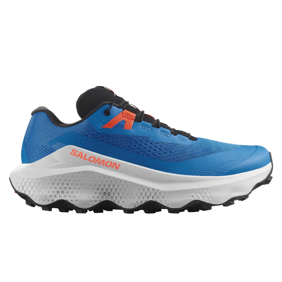 Salomon Glide 3 men's running shoes in French Blue, Lunar Rock, and Cherry Tomato, featuring a breathable mesh upper, cushioned midsole, and rugged outsole, size 13.5.