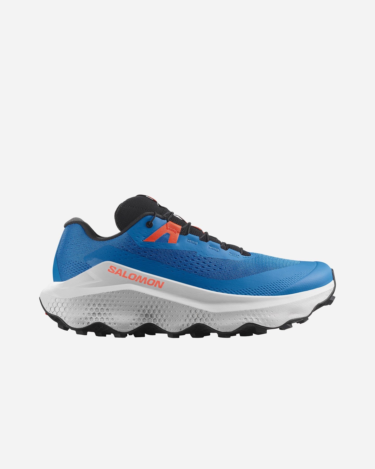 Salomon Ultra Glide 3 shoes in blue and orange, featuring a breathable mesh upper, cushioned sole, and rugged black outsole, size 40.