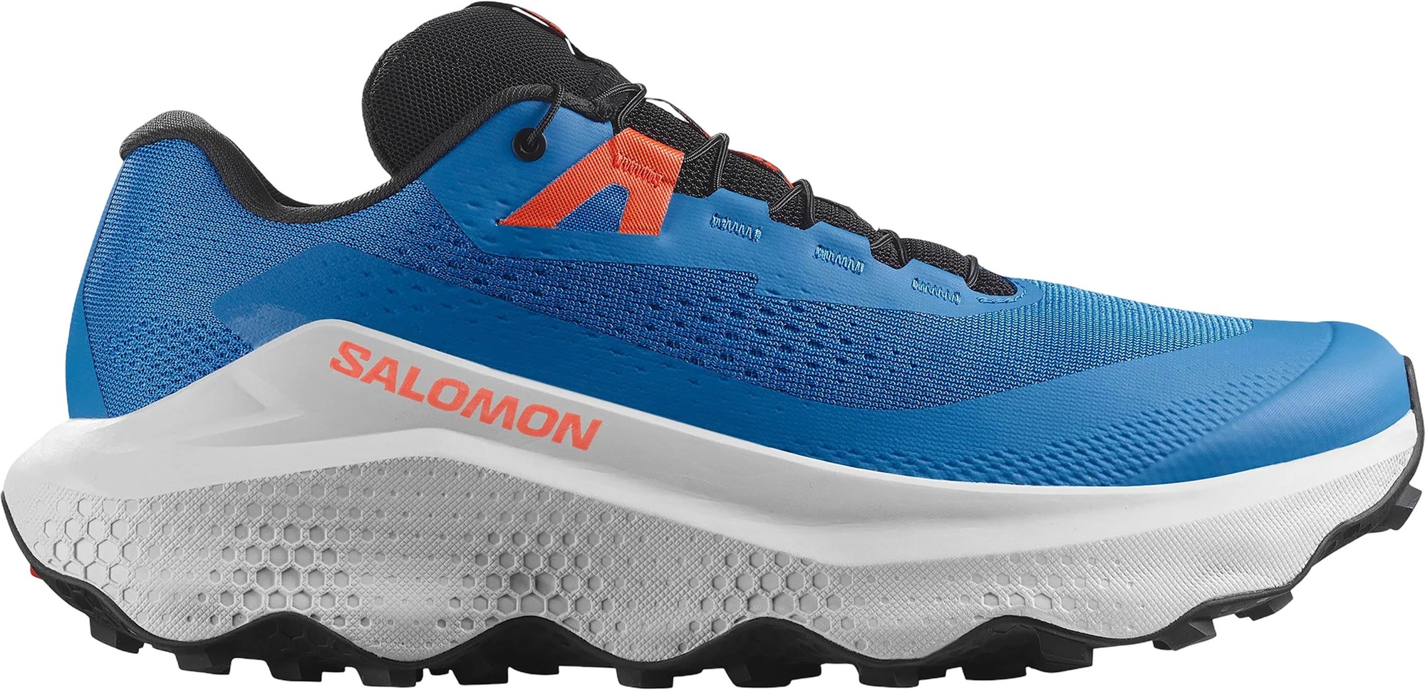 Salomon Ultra Glide 3 shoes in blue and orange, featuring a breathable mesh upper, cushioned sole, and rugged outsole for traction, size 40(2/3).