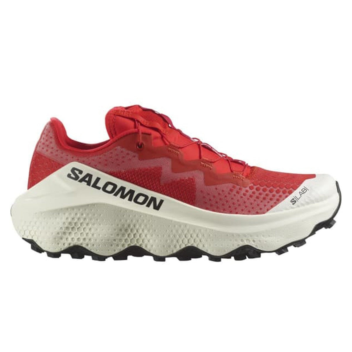 Salomon S/Lab Ultra Glide shoes in fiery red and pompeian red with a white sole, featuring a breathable mesh upper, aggressive tread, and a sleek design for trail running.