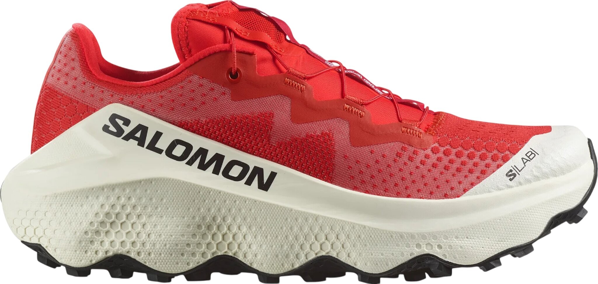 Salomon S/Lab Ultra Glide unisex shoes in fiery red and pompeian red with a breathable mesh upper, cushioned sole, and black traction outsole, featuring a prominent Salomon logo.