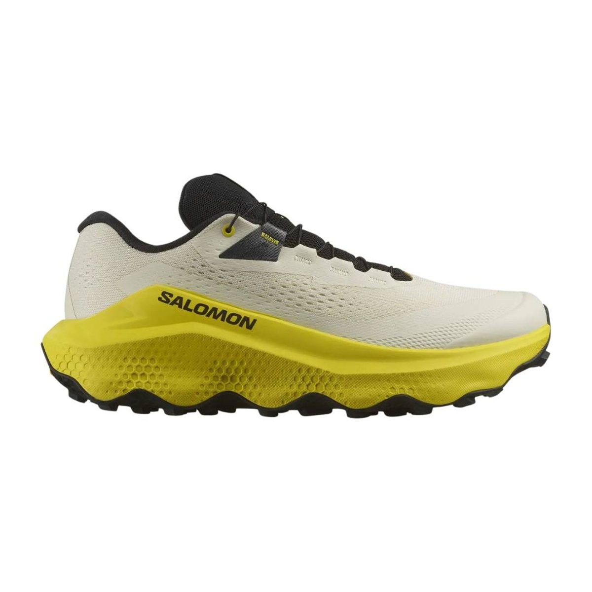 Salomon Ultra Glide 3 men's running shoes in almond milk, incaberry, and black, featuring a lightweight mesh upper, cushioned sole, and a distinctive yellow midsole, size 8.5.