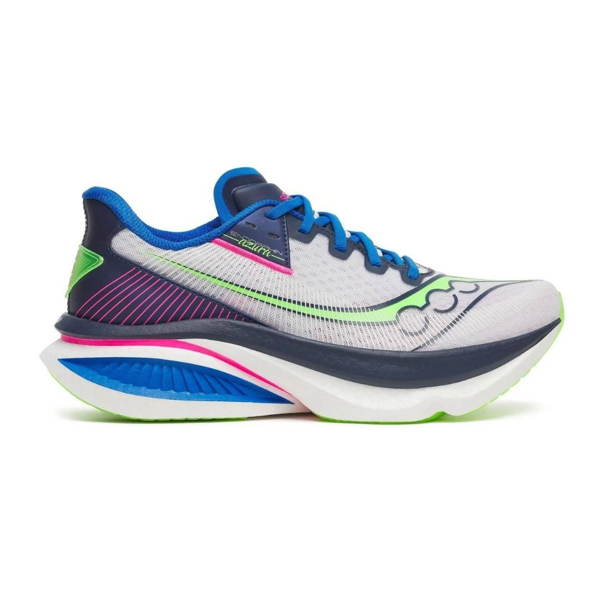 Saucony Endorphin Azura running shoe in white and navy, featuring a breathable mesh upper, vibrant blue laces, and a cushioned sole with green and pink accents.