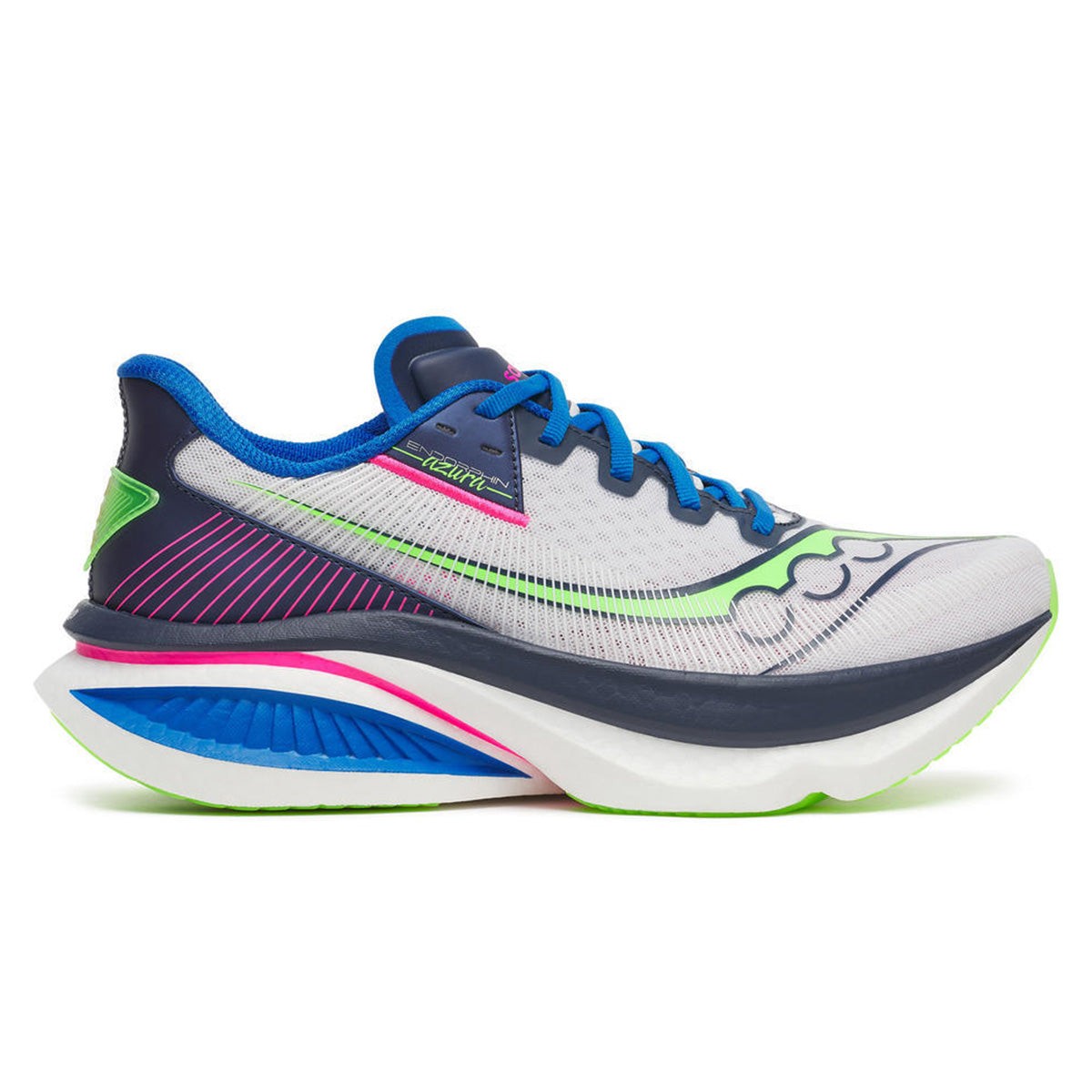 Men's Saucony Endorphin Azura running shoes feature a lightweight mesh upper in white with blue and green accents, a cushioned sole, and a sleek, modern design.