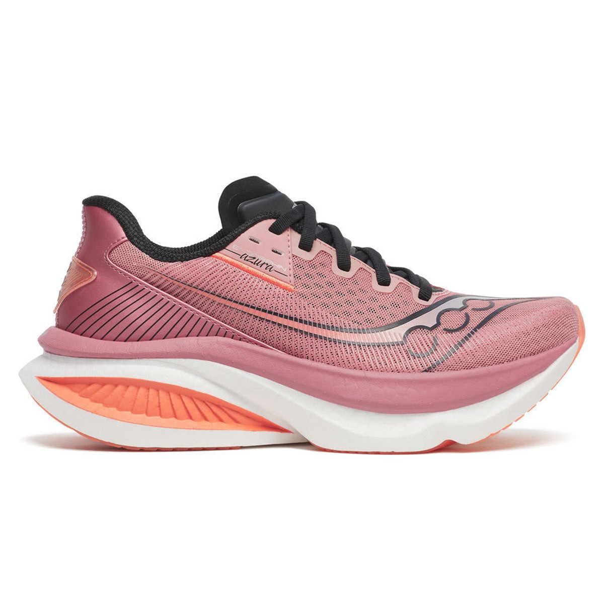 Saucony Endorphin Azura in mauve features a lightweight mesh upper, black laces, and a thick white midsole with a vibrant coral accent, designed for performance and comfort.