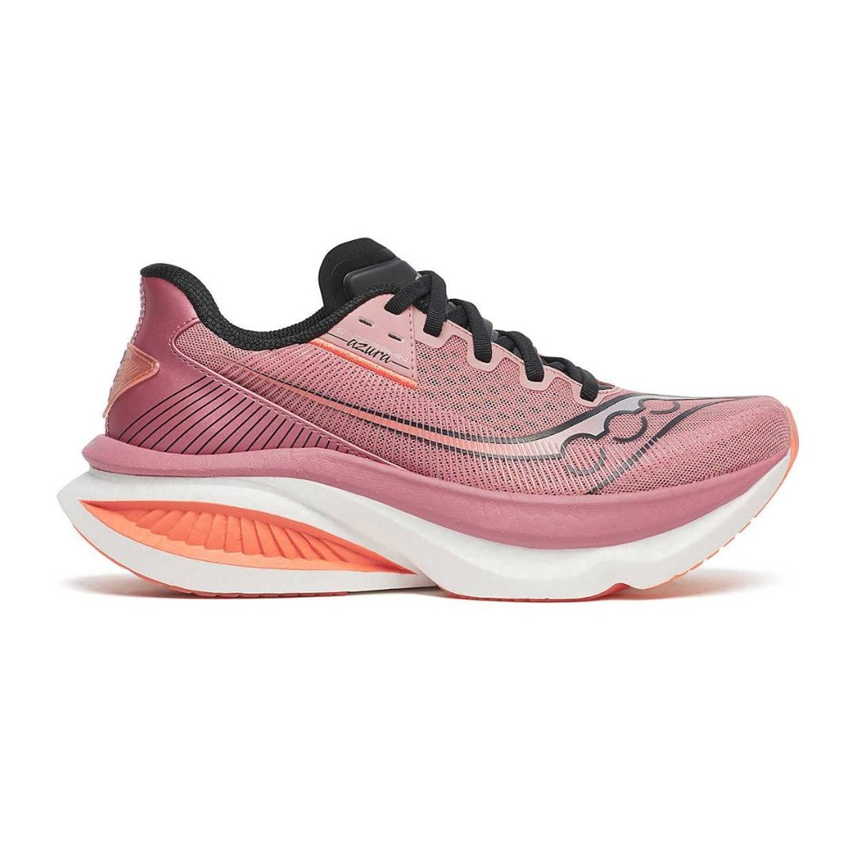 Mauve and black women's running shoes with a sleek design, featuring a breathable mesh upper, cushioned sole, and vibrant coral accents, size 7.0.