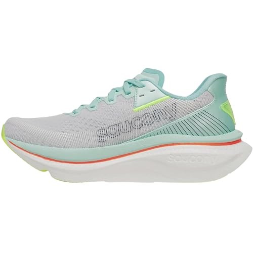 Light grey running shoes with a mesh upper, featuring mint green accents, a thick white midsole, and a splash of coral on the outsole, size 7.0.