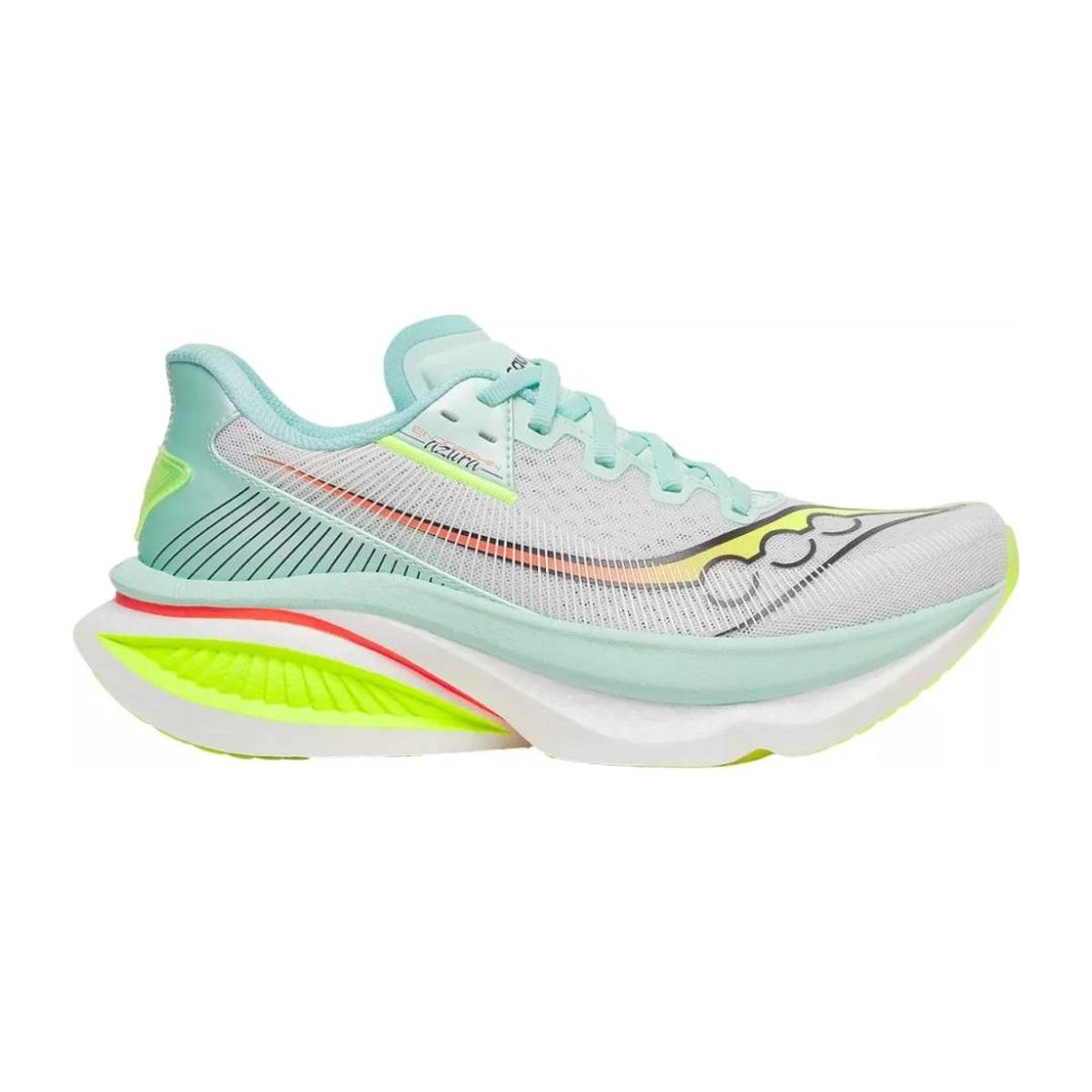 Women's Saucony Endorphin Azura shoes in white and splash, featuring a breathable mesh upper, cushioned sole, and vibrant green and pink accents for enhanced visibility and style.