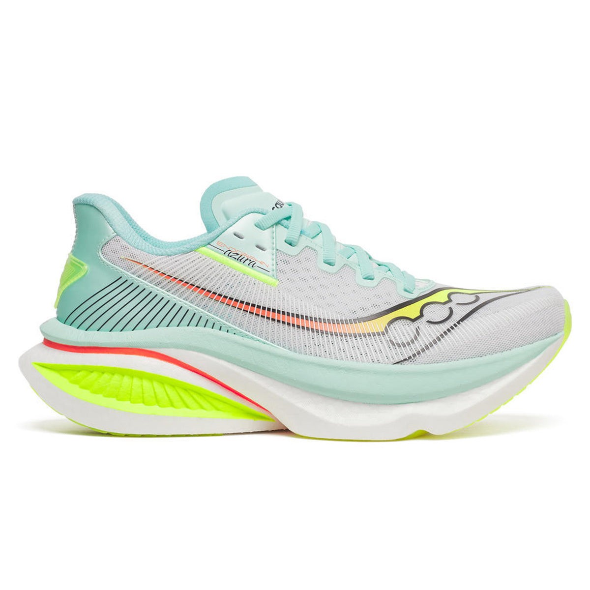 White and splash-colored Saucony Endorphin Azura women's shoes in size 11.5 B, featuring a lightweight design, mesh upper, and vibrant neon accents.