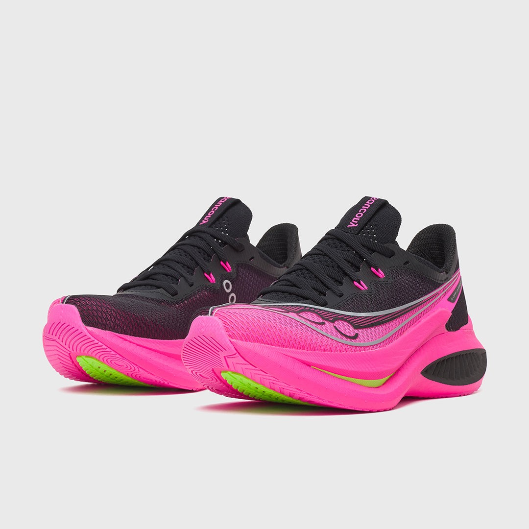Black and pink Saucony Endorphin Pro 5 running shoes featuring a sleek design, breathable mesh upper, and vibrant shock pink sole with green accents.