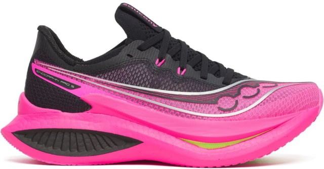 Black and pink Saucony Endorphin Pro 5 running shoe, featuring a lightweight mesh upper, cushioned sole, and sleek design with reflective detailing.