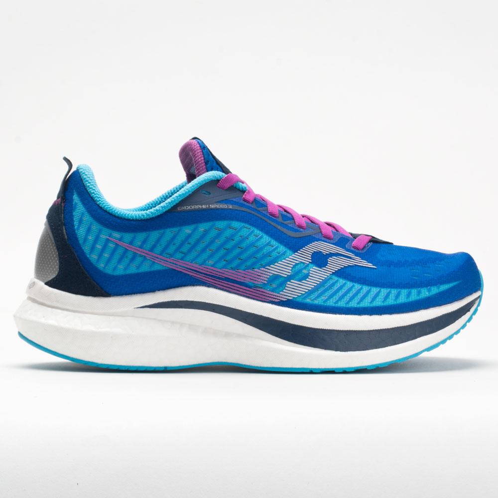 Royal blue running shoe with blaze violet accents, featuring a breathable mesh upper, cushioned sole, and a sleek design, size 4.5 for women.
