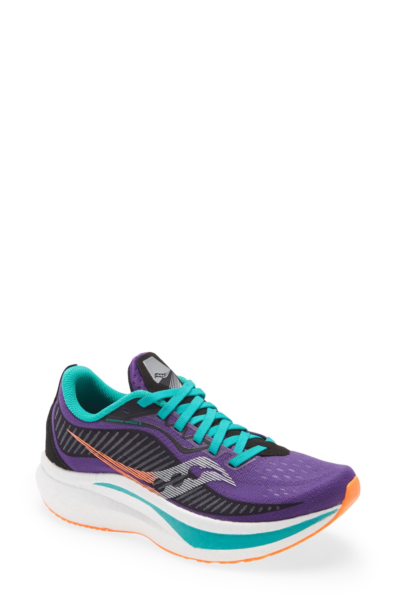 Saucony Endorphin Speed 2 women's running shoe in royal and blaze violet, featuring a purple upper, turquoise laces, black accents, and a white midsole with an orange outsole.
