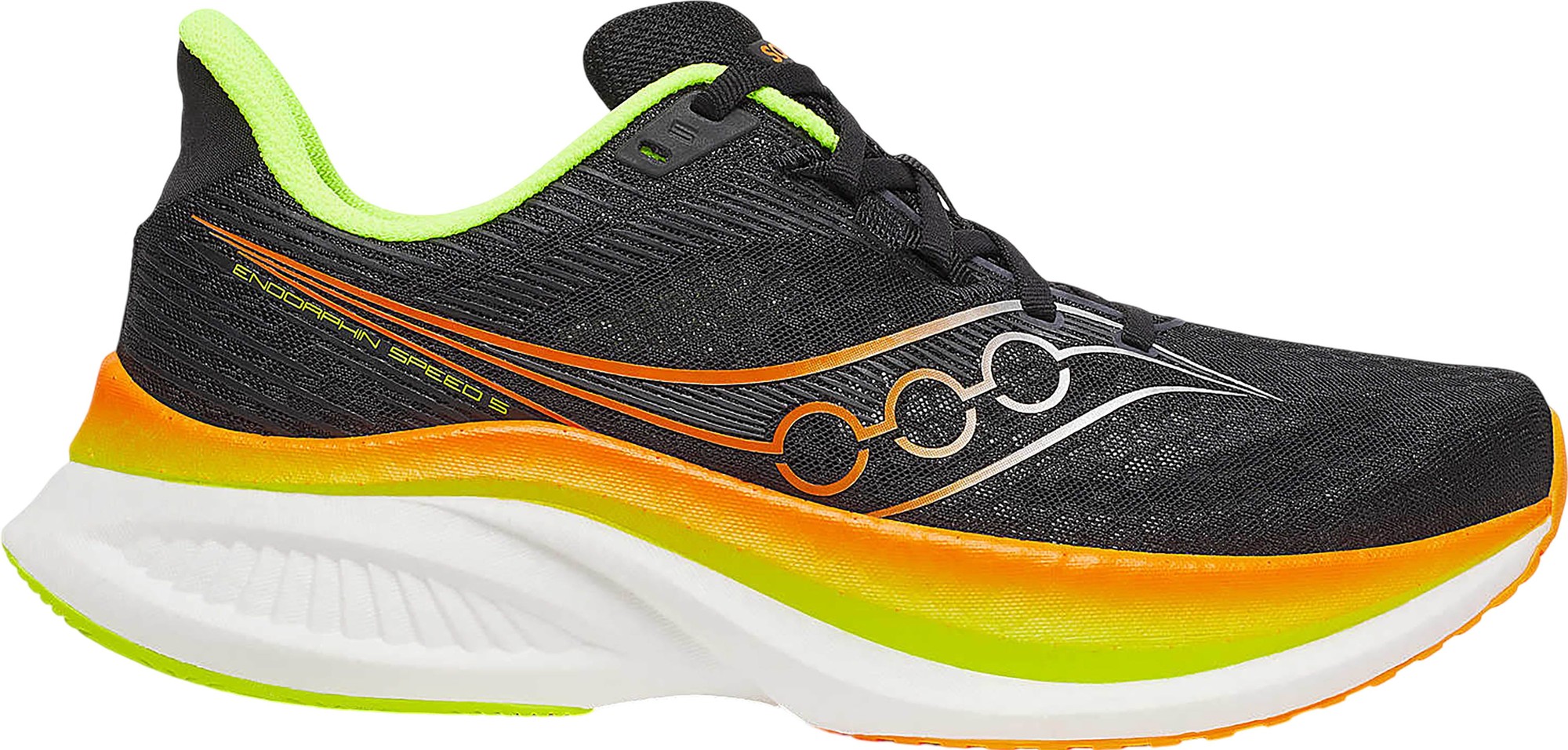 Black running shoes with a textured upper, featuring vibrant orange and neon yellow accents, and a cushioned white midsole for enhanced comfort and support.